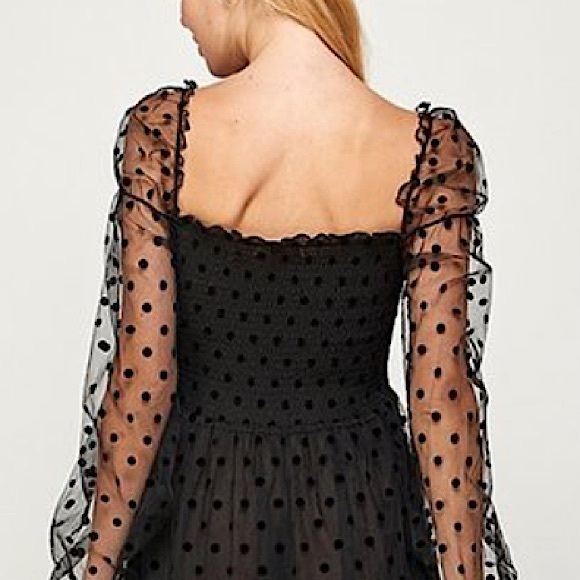 Black Mesh Sleeve Polka Dot Tiered Formal Long Dress - Picture 4 of 4